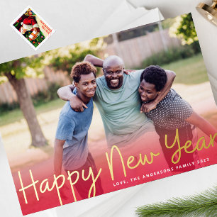 GOLD CHEERS   Red Gradient HAPPY NEW YEAR Photo Foil Holiday Card