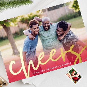 GOLD CHEERS Red Gradient Merry Christmas Photo Foil Holiday Card