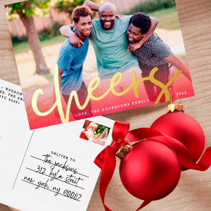 GOLD CHEERS Red Gradient Merry Christmas Photo Foil Holiday Postcard