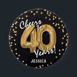 Gold Cheers to 40 Years' 40th Birthday 7.5 Cm Round Badge<br><div class="desc">Toast to 40 years with our custom Black & Gold birthday button! This design showcases a charming chalkboard backdrop adorned with faux gold helium balloons in the age '40' with elegant white script,  and a dazzling gold glitter confetti border. The perfect accessory for any 40th birthday celebration!</div>