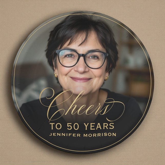 Gold Cheers to 50 Years Custom Photo Birthday Paper Plate (Creator Uploaded)