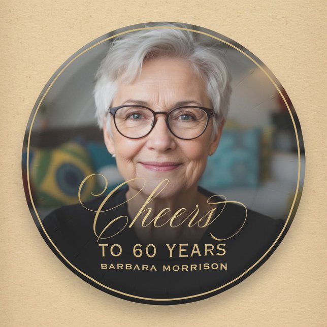 Gold Cheers to 60 Years Custom Photo Birthday Paper Plate (Creator Uploaded)