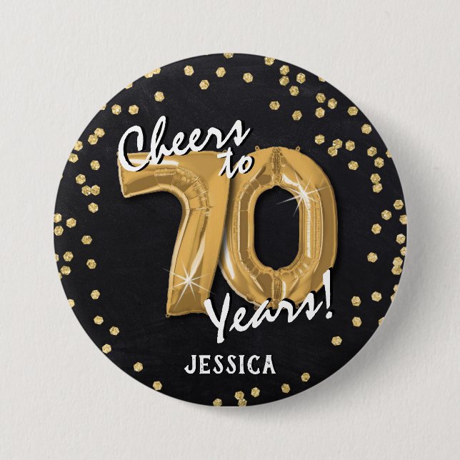 Gold Cheers to 70 Years' 70th Birthday 7.5 Cm Round Badge (Front)
