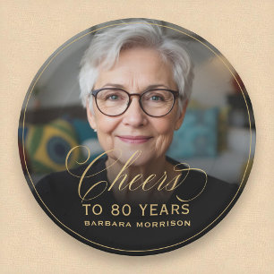 Gold Cheers to 80 Years Custom Photo Birthday Paper Plate