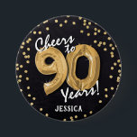 Gold Cheers to 90 Years' 90th Birthday 7.5 Cm Round Badge<br><div class="desc">Toast to 90 years with our custom Black & Gold birthday button! This design showcases a charming chalkboard backdrop adorned with faux gold helium balloons in the age '90' with elegant white script,  and a dazzling gold glitter confetti border. The perfect accessory for any 90th birthday celebration!</div>