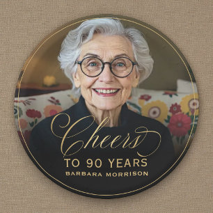 Gold Cheers to 90 Years Custom Photo Birthday Paper Plate