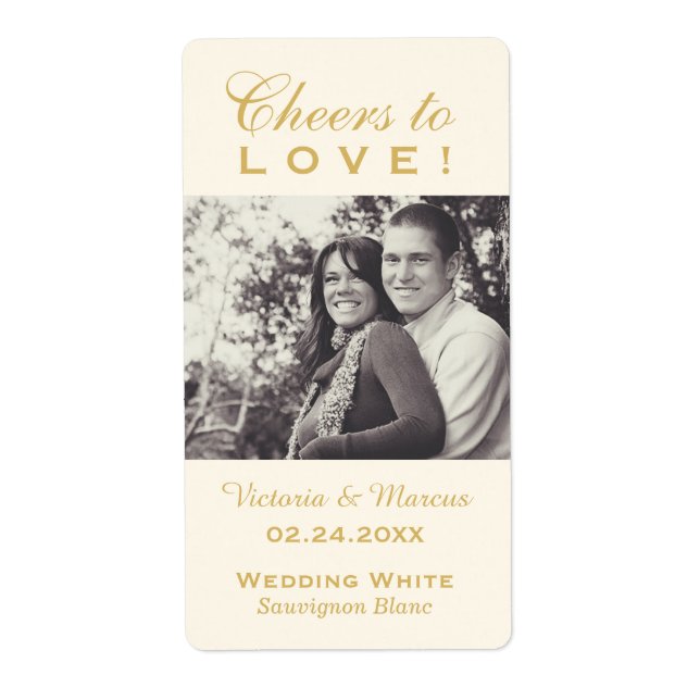 Gold Cheers to Love Wedding Photo Wine Bottle (Front)