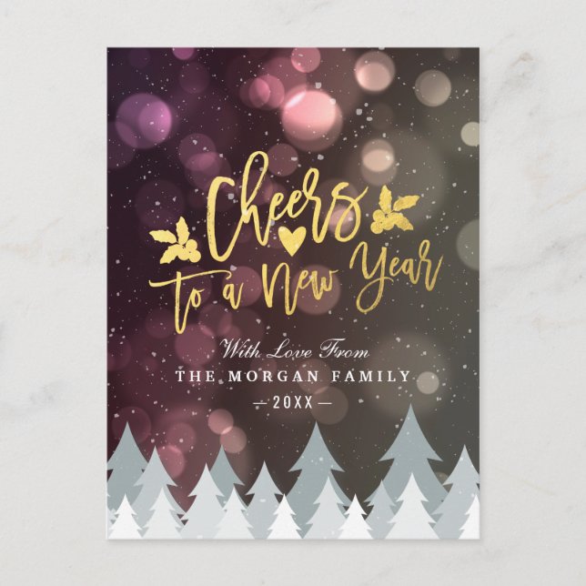 Gold Cheers to New Year Script Bokeh Sparkle Light Holiday Postcard (Front)