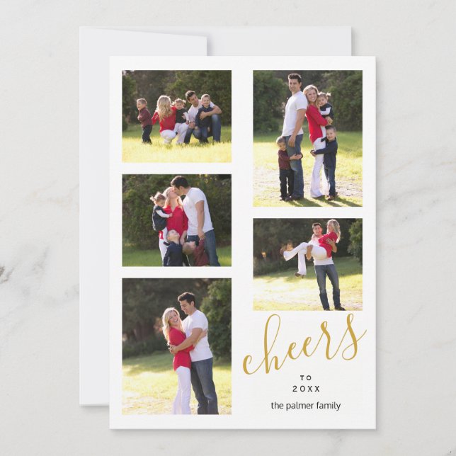 Gold cheers to the New Year 2024 photo collage Holiday Card (Front)