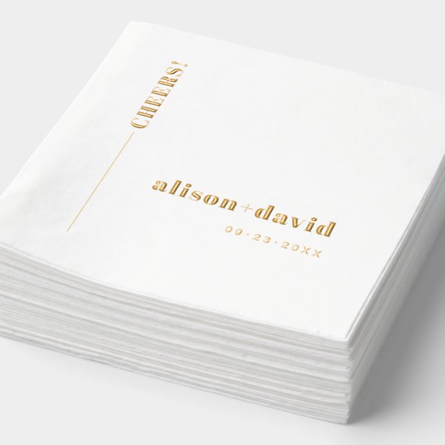 Gold CHEERS typography minimalist wedding Foil Napkins (Detail)