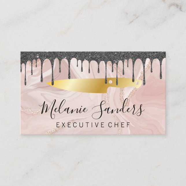 Gold Chef Knife | Pink Marble and Icing Business Card (Front)