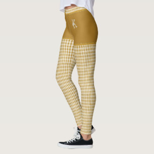 Gold Chequered Fabric Print Monogram Personalised Leggings