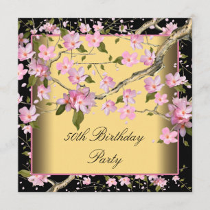 Gold Cherry Blossom Womans 50th Birthday Party Invitation