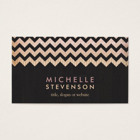 Gold Chevron and Black Wood Grain Look Business Card