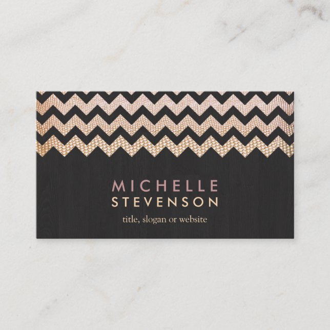 Gold Chevron and Black Wood Grain Look Business Card (Front)