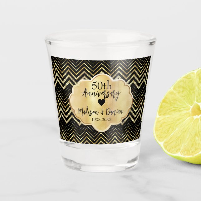 Gold Chevron and Diamonds Anniversary  Shot Glass (Front)