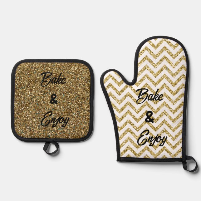 Gold Chevron 'Bake & Enjoy' golden Oven Mitt & Pot Holder Set (Front)