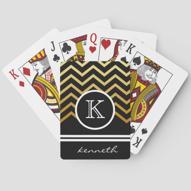 Gold  Chevron Black Monogram Name Custom Playing Cards (Back)