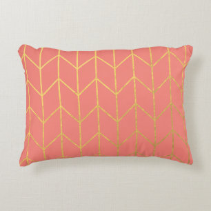 Gold Chevron Coral Pink Background Modern Chic Decorative Cushion