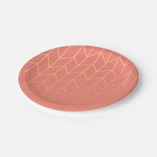 Gold Chevron Coral Pink Background Modern Chic Paper Plate (Angled)