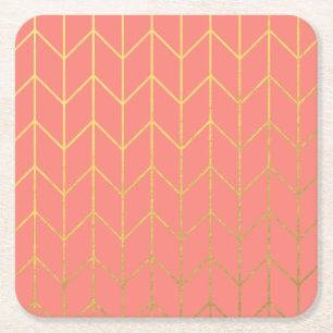 Gold Chevron Coral Pink Background Modern Chic Square Paper Coaster
