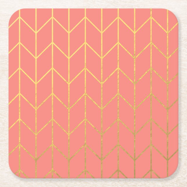 Gold Chevron Coral Pink Background Modern Chic Square Paper Coaster (Front)