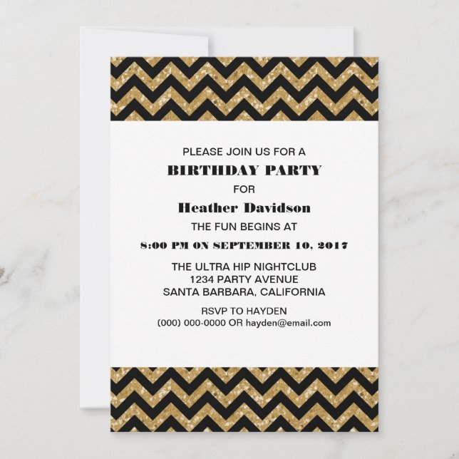 Gold Chevron Glitter Birthday Party Invite (Front)
