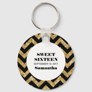 Gold Chevron Glitter Sweet 16 Keychain