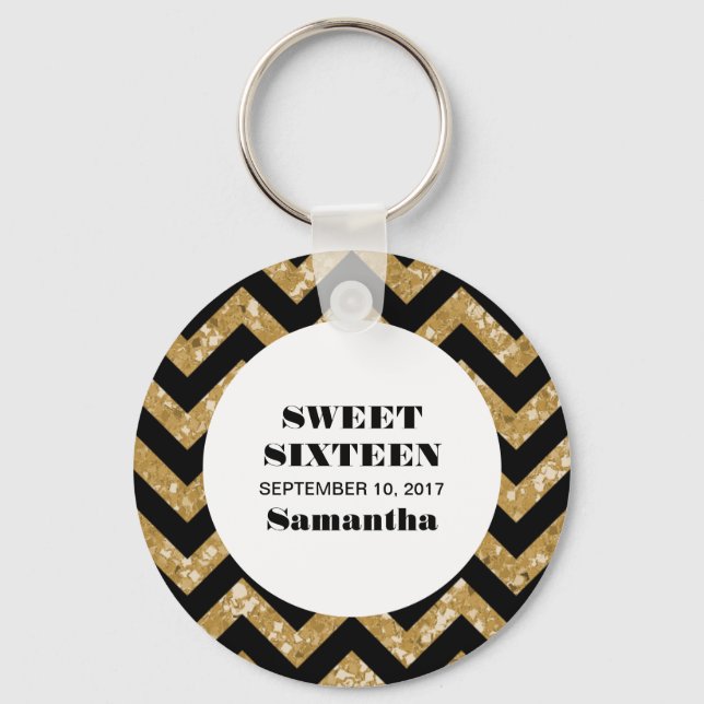 Gold Chevron Glitter Sweet 16 Keychain (Front)