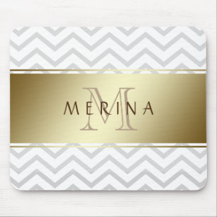 Gold Chevron Grey Pattern Monogram Personalise Mouse Mat