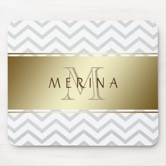 Gold Chevron Grey Pattern Monogram Personalise Mouse Mat (Front)