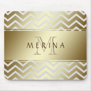 Gold Chevron Grey Pattern Monogram Personalise Mouse Mat