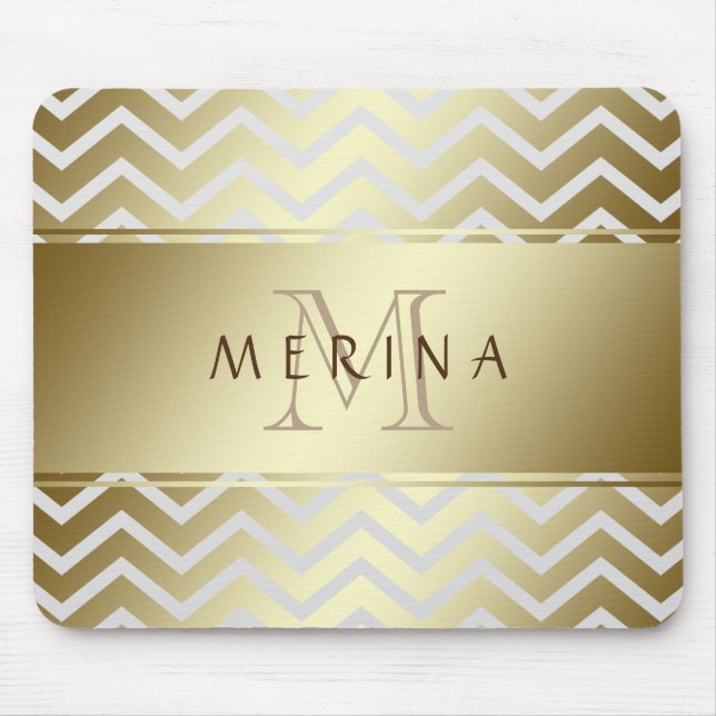 Gold Chevron Grey Pattern Monogram Personalise Mouse Mat (Front)