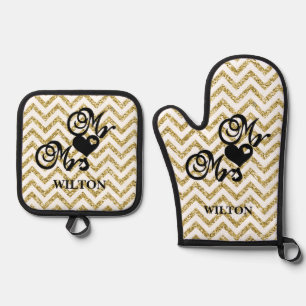Gold Chevron Mr. & Mrs. Hearts Monogram  Oven Mitt & Pot Holder Set