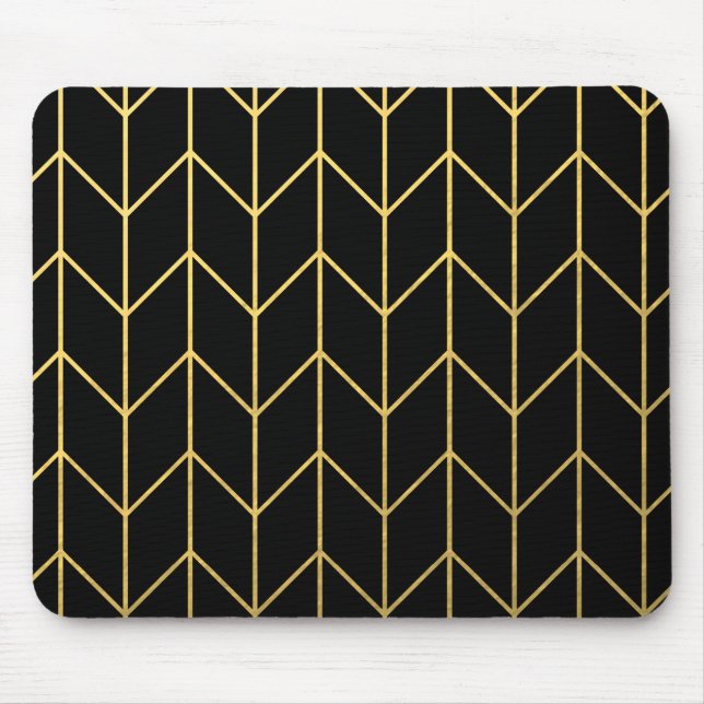 Gold Chevron on Black Background Modern Chic Mouse Mat (Front)