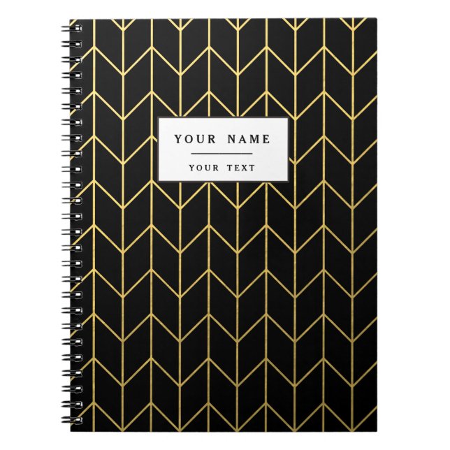 Gold Chevron on Black Background Modern Chic Notebook (Front)