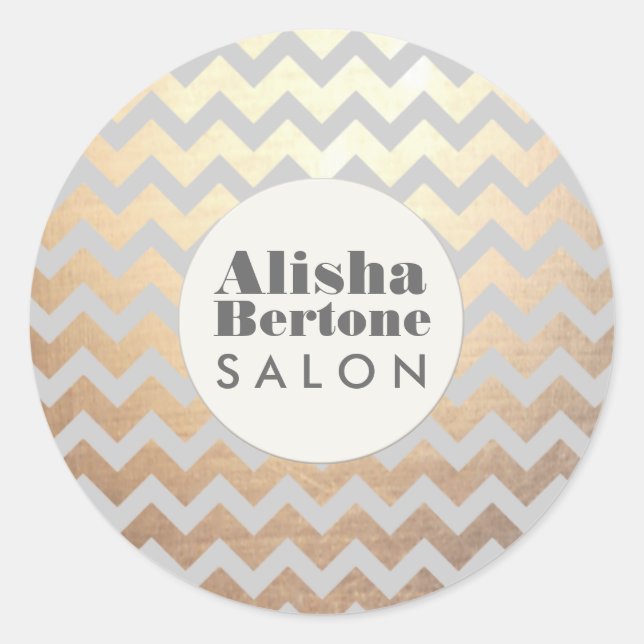 Gold Chevron Pattern Grey Personalised Classic Round Sticker (Front)