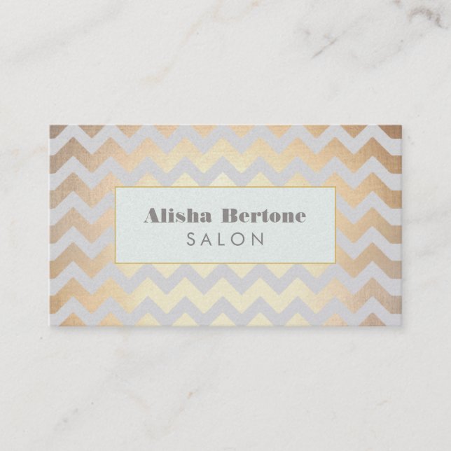 Gold Chevron Pattern Hair Salon Grey and Blue Business Card (Front)