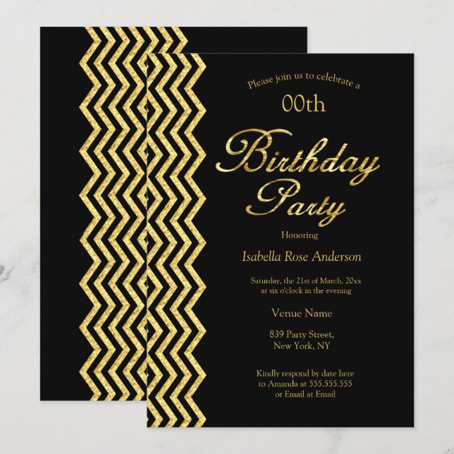 Gold Chevron stripe Black Gold Elegant Birthday Invitation (Front/Back)