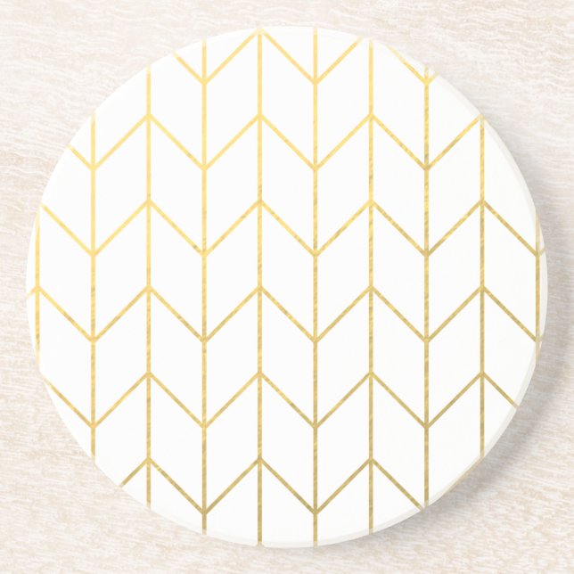 Gold Chevron White Background Modern Chic Coaster (Front)