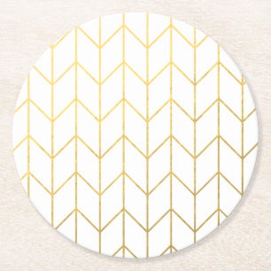 Gold Chevron White Background Modern Chic Round Paper Coaster