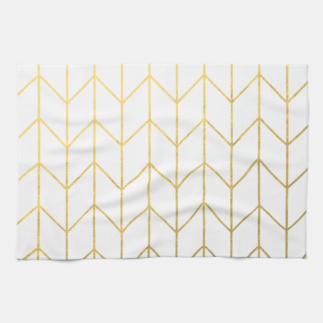 Gold Chevron White Background Modern Chic Tea Towel (Horizontal)