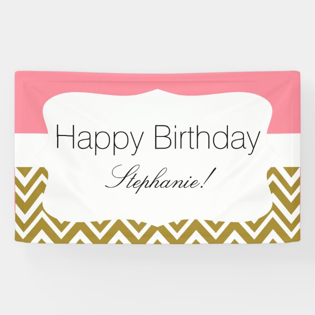 Gold Chevron with Pink Birthday Banner (Horizontal)