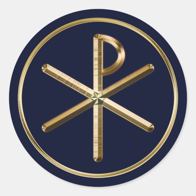 Gold Chi-Rho symbol on dark blue Classic Round Sticker (Front)