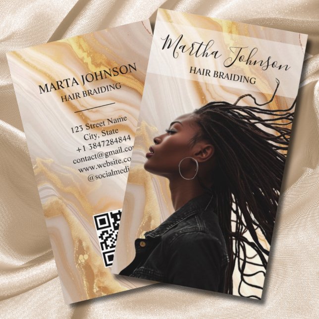 Gold Chic Afro American Braids Braiding QR Code Business Card (Creator Uploaded)