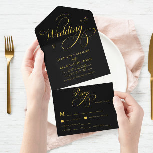 Gold Chic Calligraphy Black Classy Elegant Wedding All In One Invitation