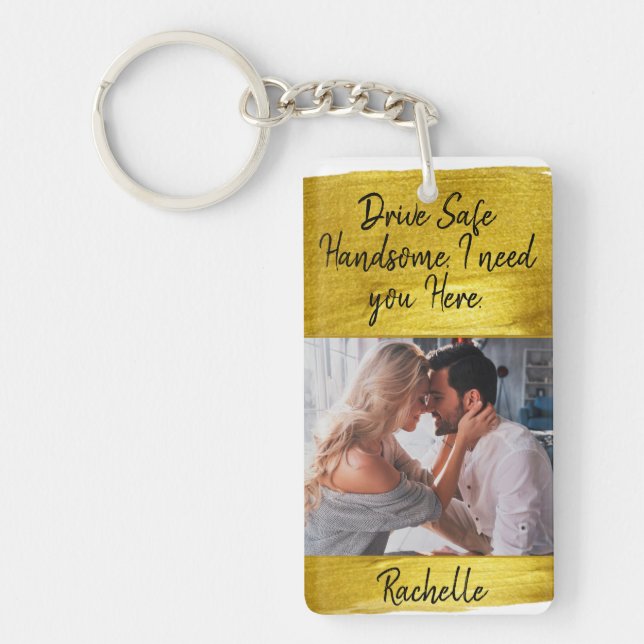 Gold Chic Elegant Drive Safe Custom Photo Keychain (Front)