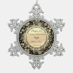 Gold Chic Floral Diamonds 50th Wedding Anniversary Snowflake Pewter Christmas Ornament