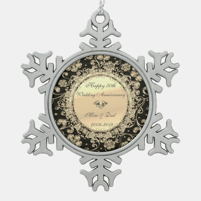 Gold Chic Floral Diamonds 50th Wedding Anniversary Snowflake Pewter Christmas Ornament (Front)