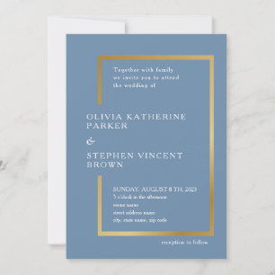 Gold chic frame. Elegant dusty blue Wedding Invitation